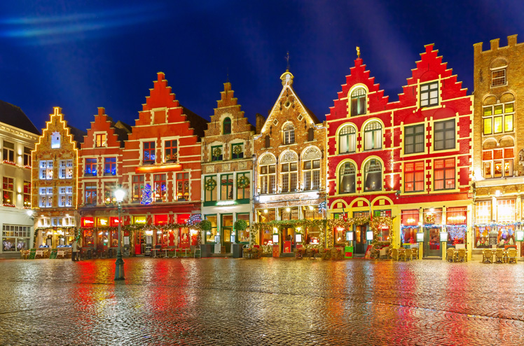 Christmas Decorated and illuminated Old Markt square in the center of Bruges, Belgium