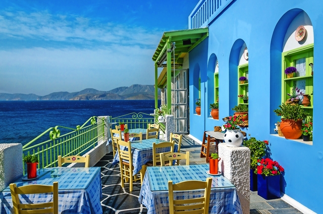 Typical colorful Greek restaurant, Kalymnos, Dodecanese Islands, Greece