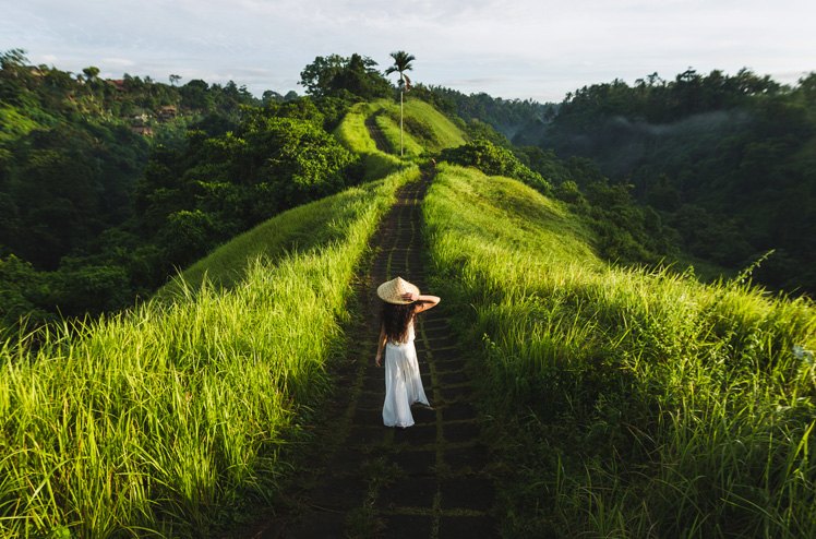 Young beautiful woman walking on Campuhan Ridge way of artists, in Bali, Ubud. Beautiful calm sunny morning