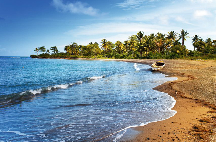 Jamaica. A national boat on sandy coast of a bay