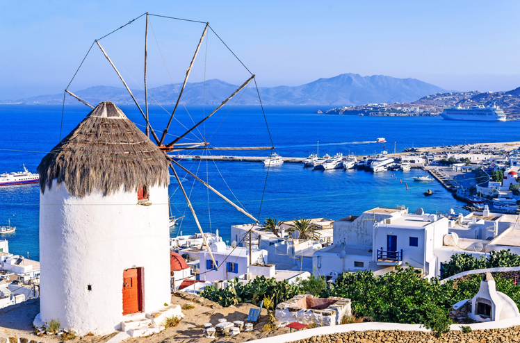 View of Mykonos and the famous windmill from above, Mykonos island, Cyclades, Greece