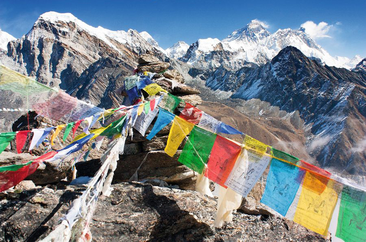 view of everest from gokyo ri with prayer flags - Nepal