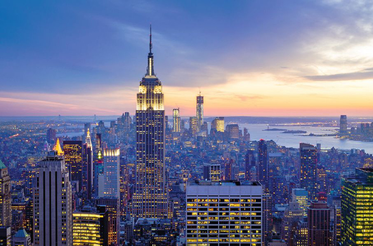 New York City with skyscrapers at sunset