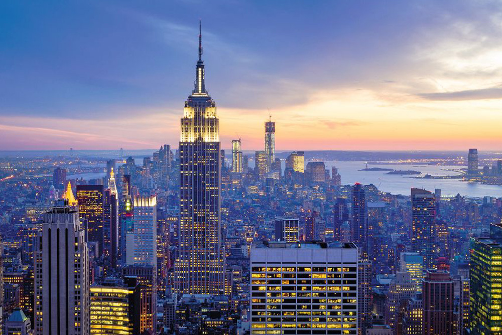 New York City with skyscrapers at sunset