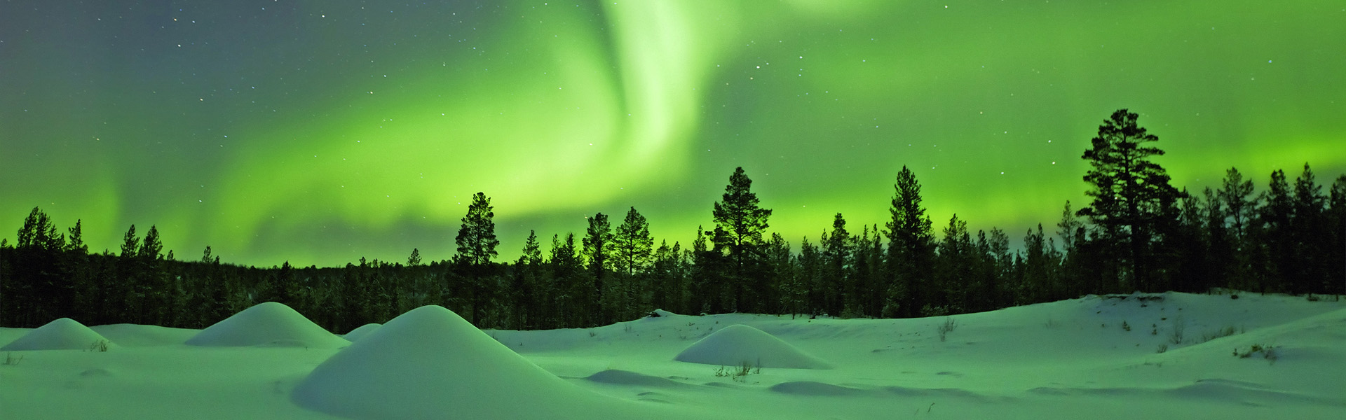 Spectacular aurora borealis (northern lights) over a snowy winter landscape in Finnish Lapland.