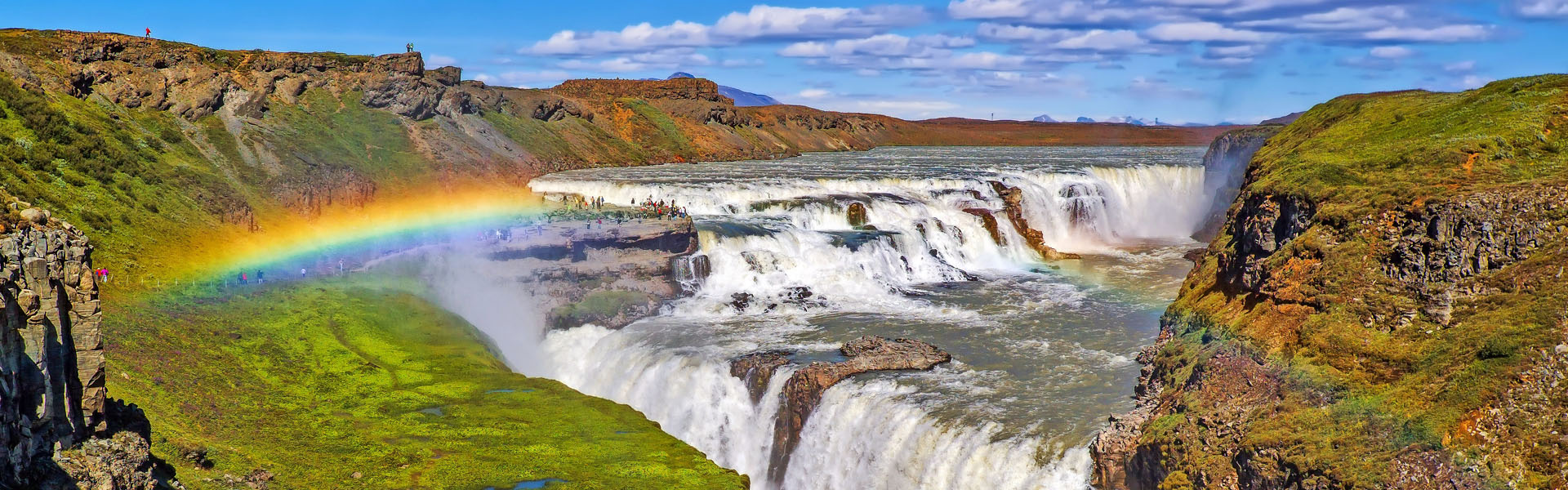 Panorama of the Gullfoss waterfall and rainbow - Iceland