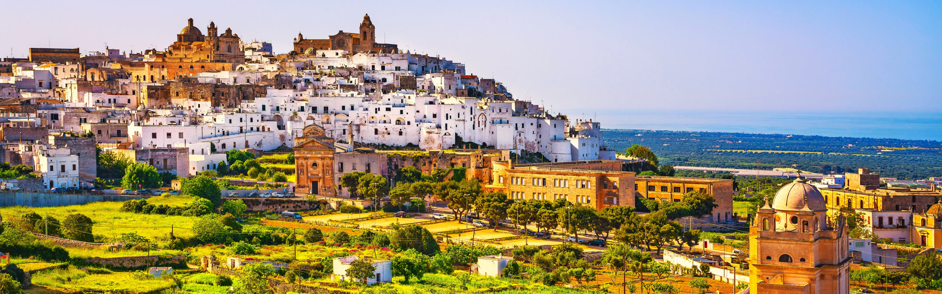 Ostuni white town skyline and Madonna della Grata church, Brindisi, Apulia southern Italy. Europe.