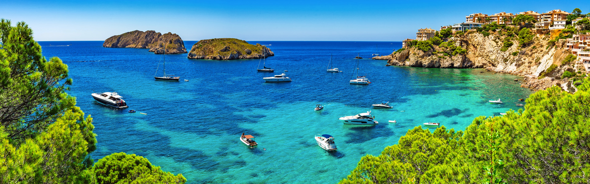 Spain Majorca Mediterranean Sea Panorama Coast Bay with Boats at